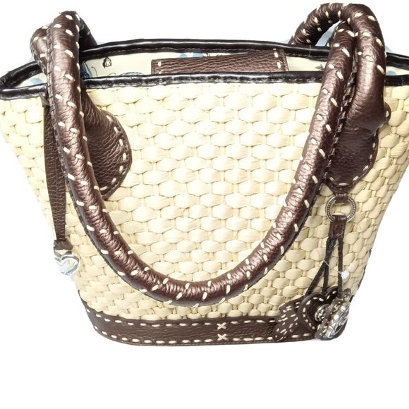 Brighton Straw Leather Tote Shoulder Bag Silver Leather Charms